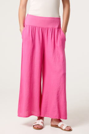 Linen Blend Wide Leg Waistband Trousers
