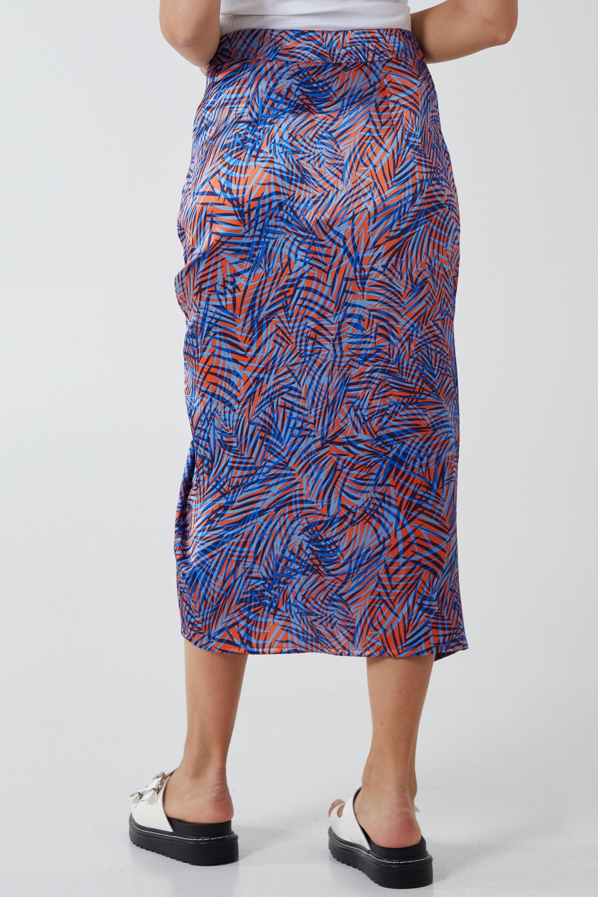 Satin Ruched Printed Midi Skirt