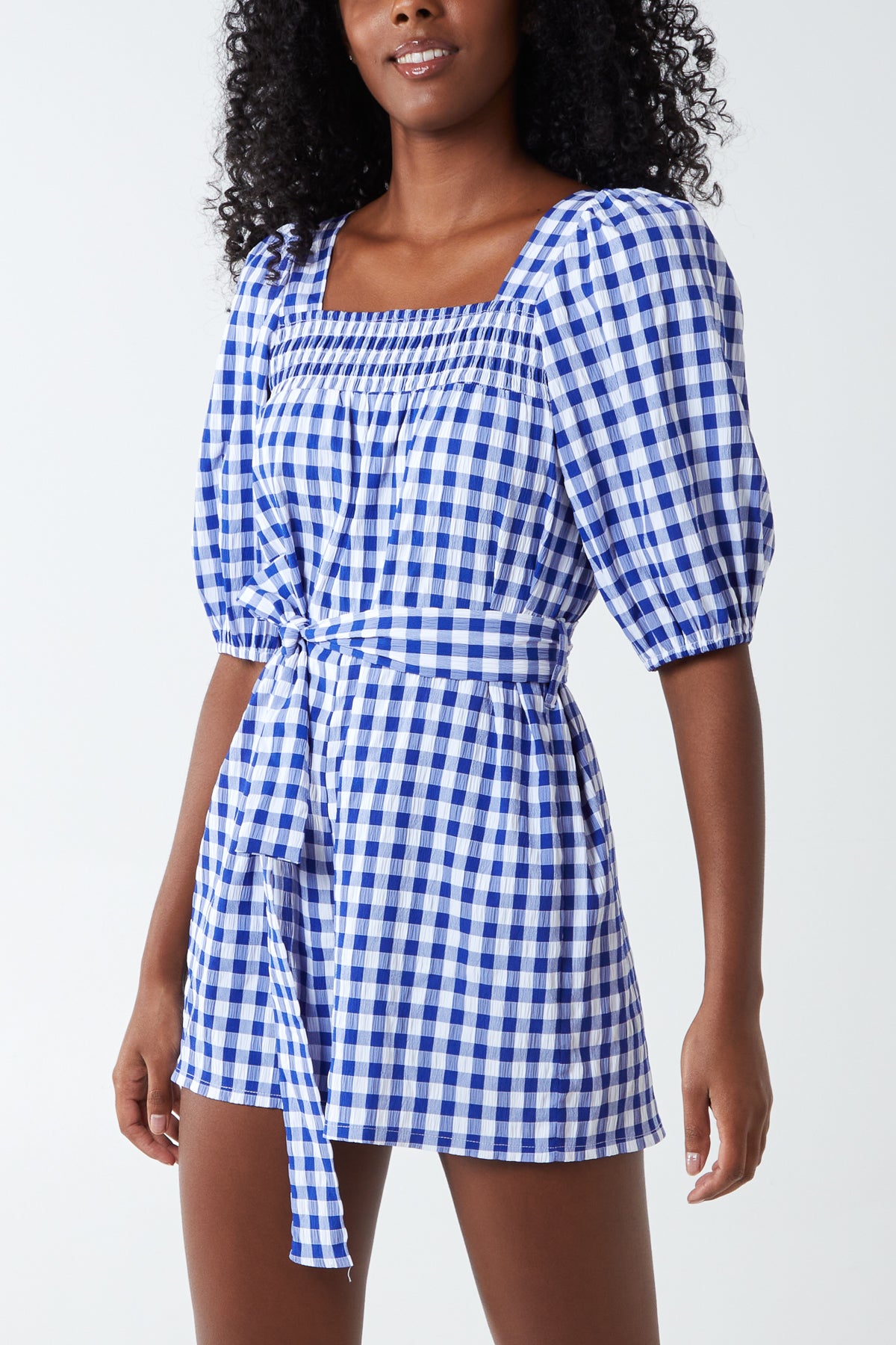 Gingham Shirred Tie Playsuit