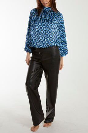 Geometric Print Blouson Satin Top