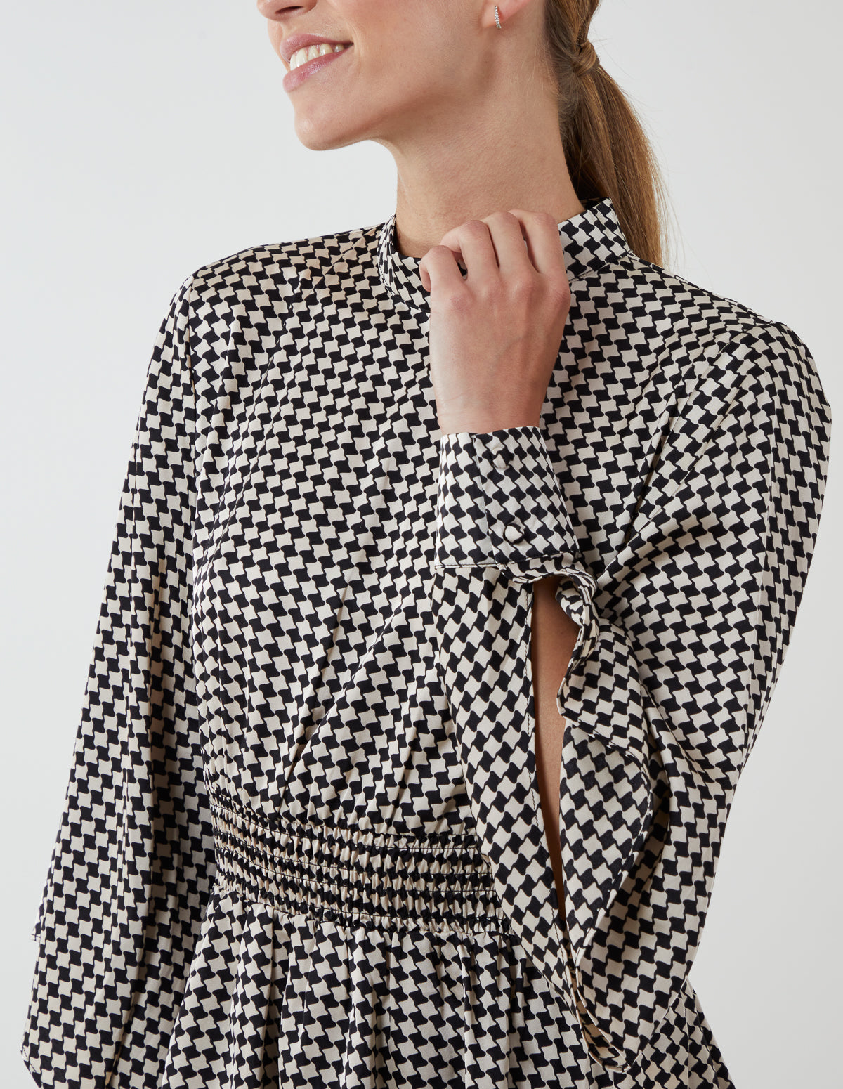 Houndstooth Elastic Waist Peplum Blouse