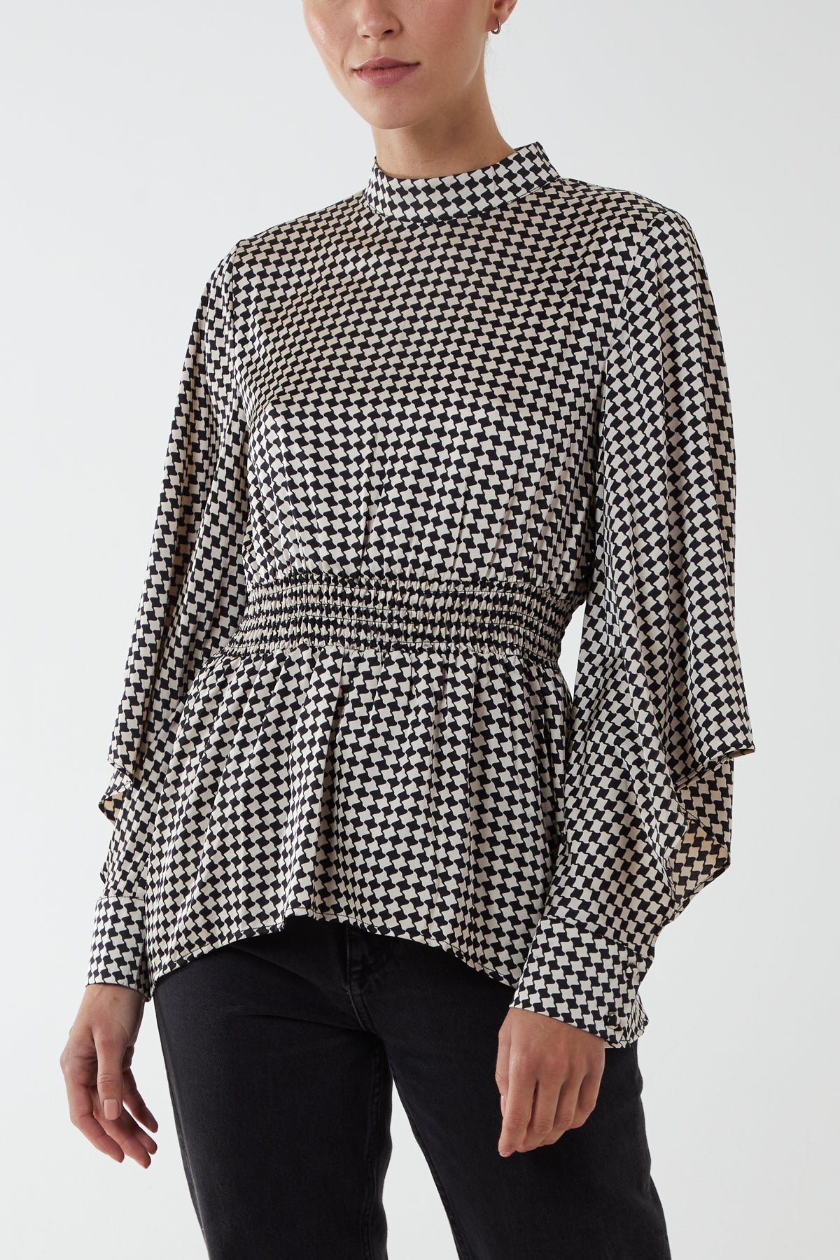 Houndstooth Elastic Waist Peplum Blouse