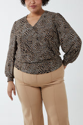 Leopard Wrap Front Deep Hem Blouse