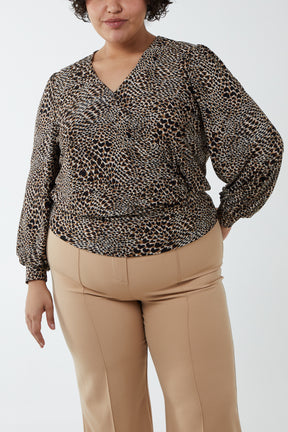 Leopard Wrap Front Deep Hem Blouse