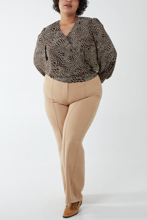 Leopard Wrap Front Deep Hem Blouse