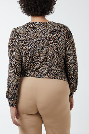 Leopard Wrap Front Deep Hem Blouse