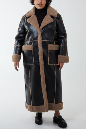 Curve Vinyl Longline Coat With Borg