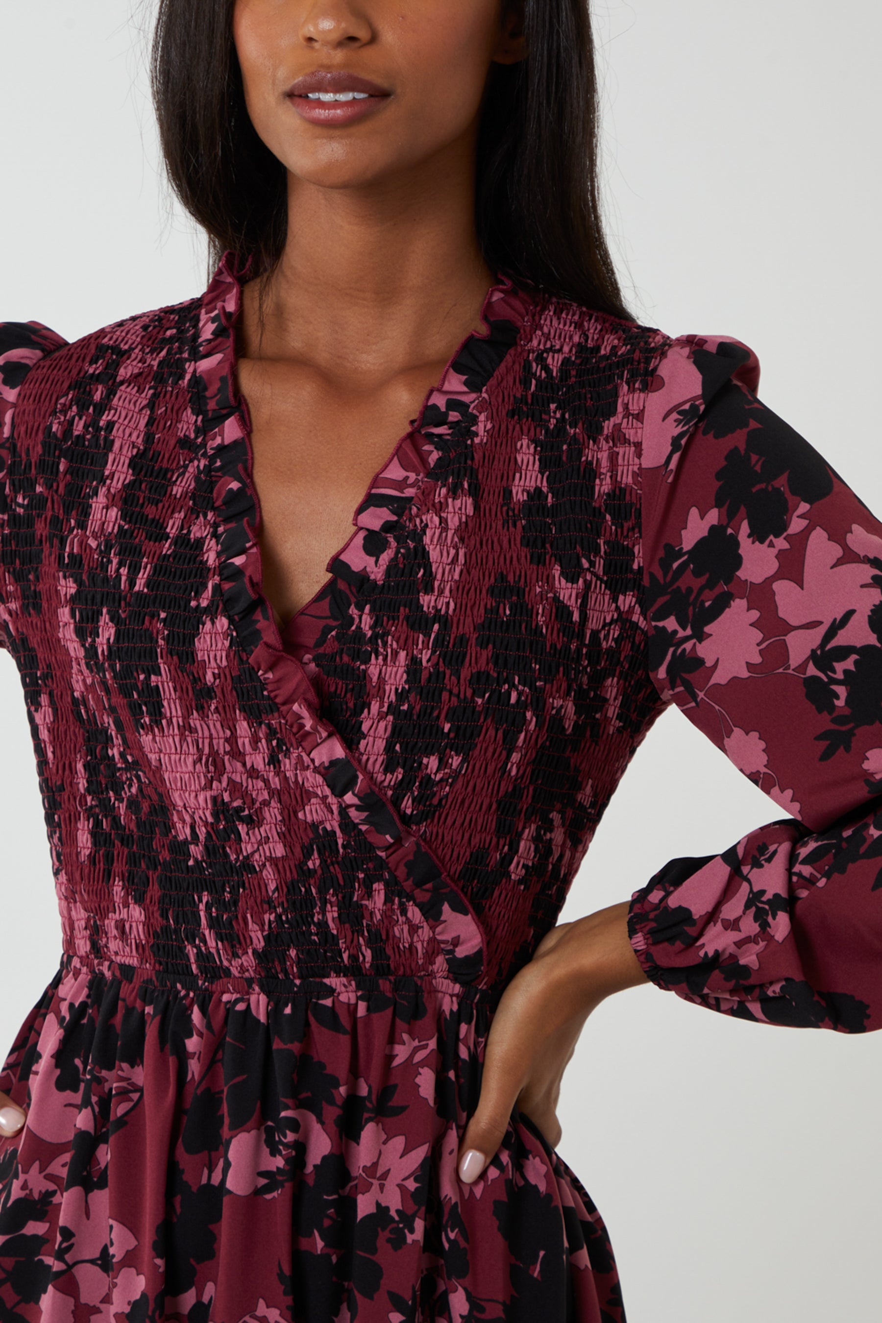 Floral Shirred Bust Wrap Midi Dress