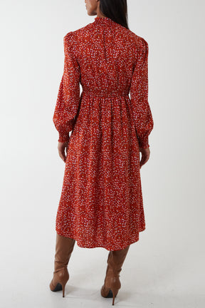 Shirred Abstract Dot Midi Dress