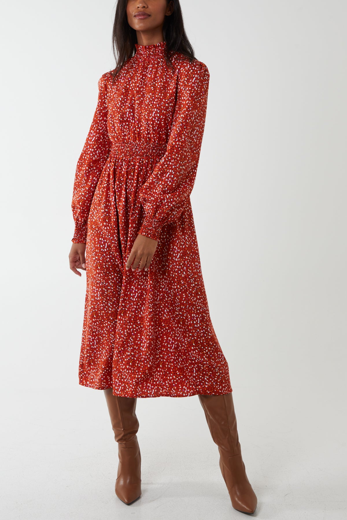 Shirred Abstract Dot Midi Dress