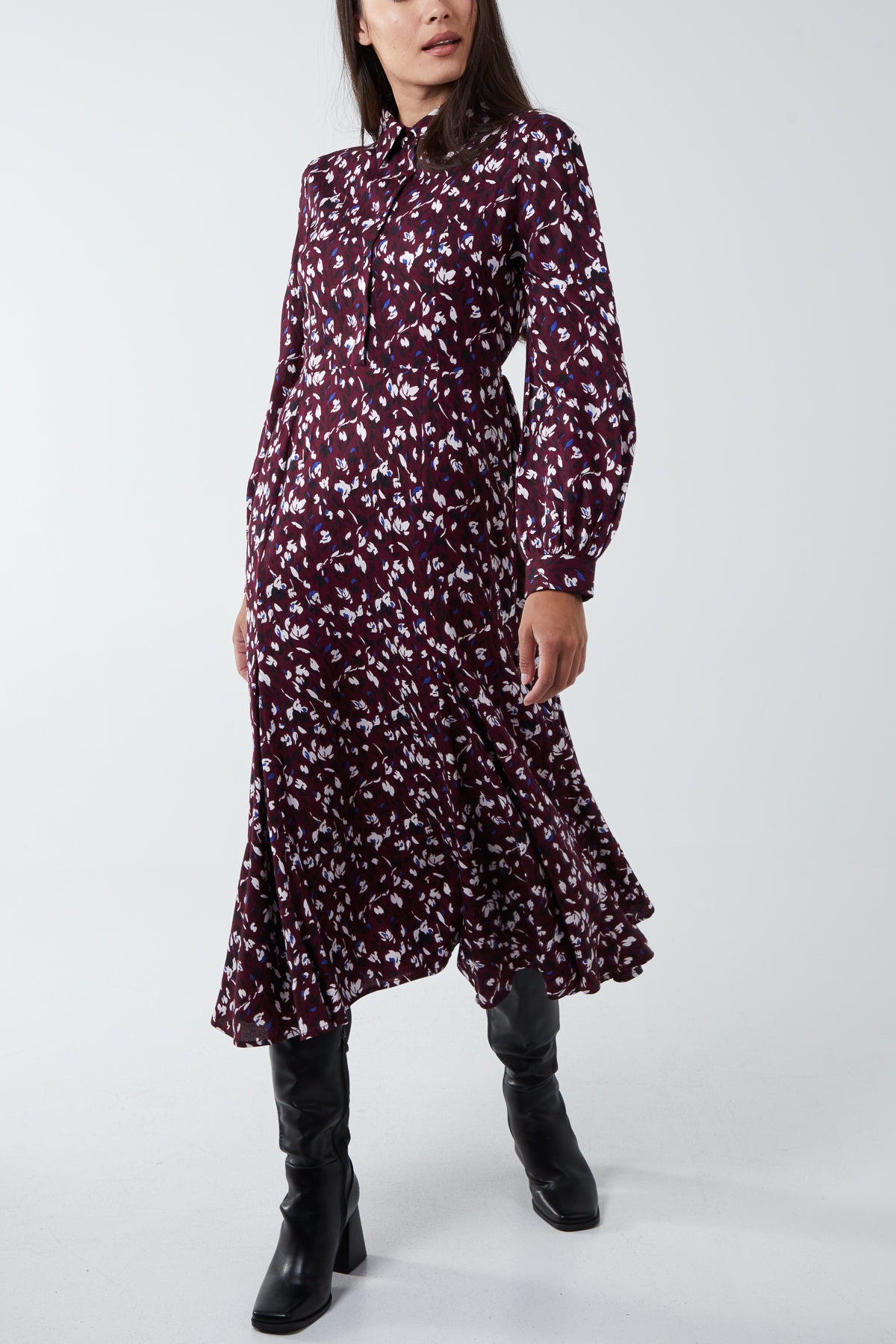 Floral Shirt Midi Dress With Godet Hem