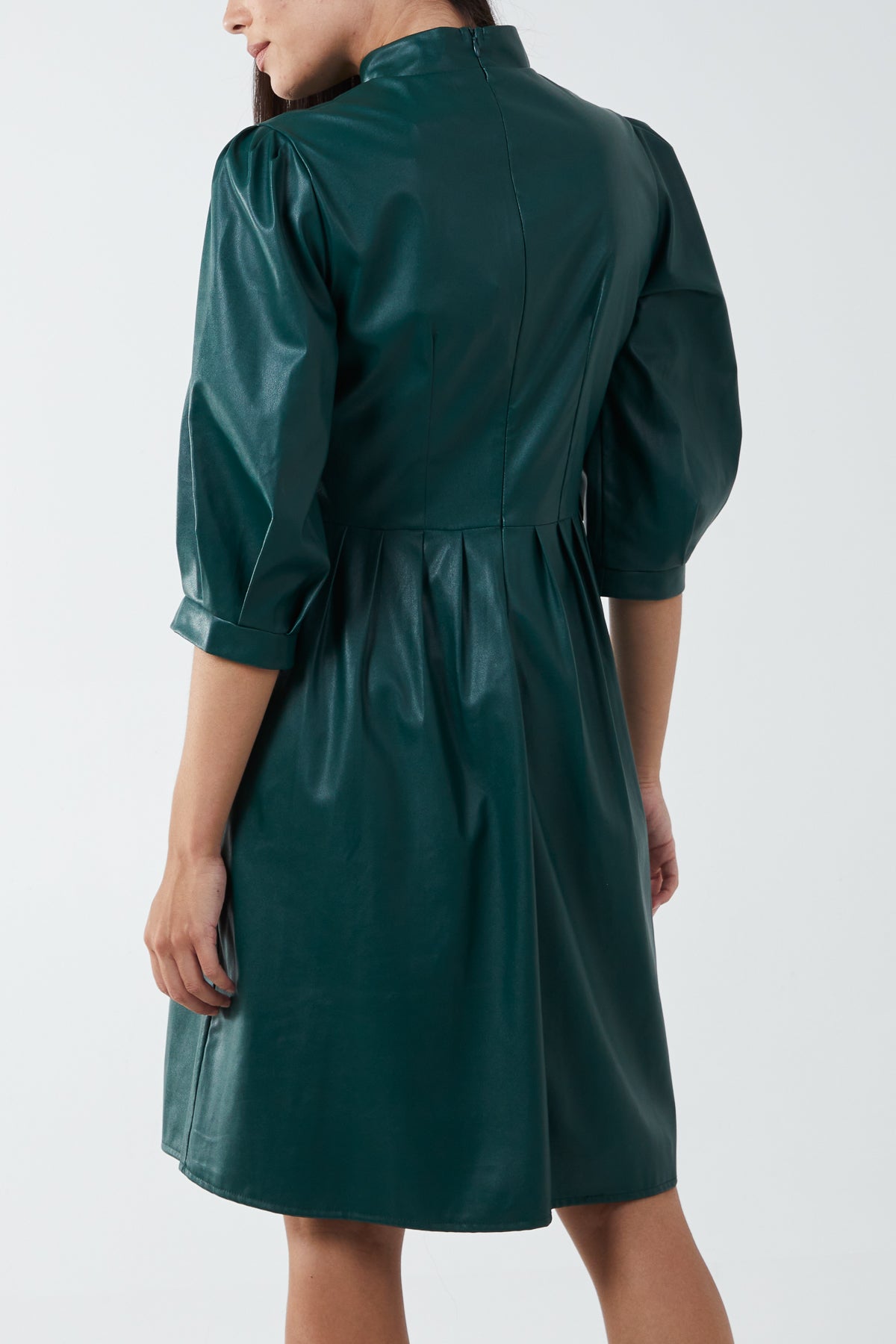 High Neck Puff Sleeve Faux Leather Dress