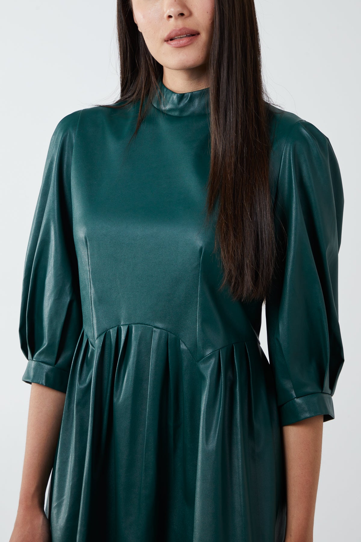 High Neck Puff Sleeve Faux Leather Dress