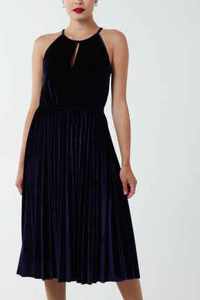 Halterneck Pleated Velvet Midi Dress