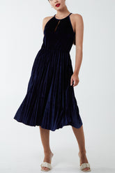 Halterneck Pleated Velvet Midi Dress