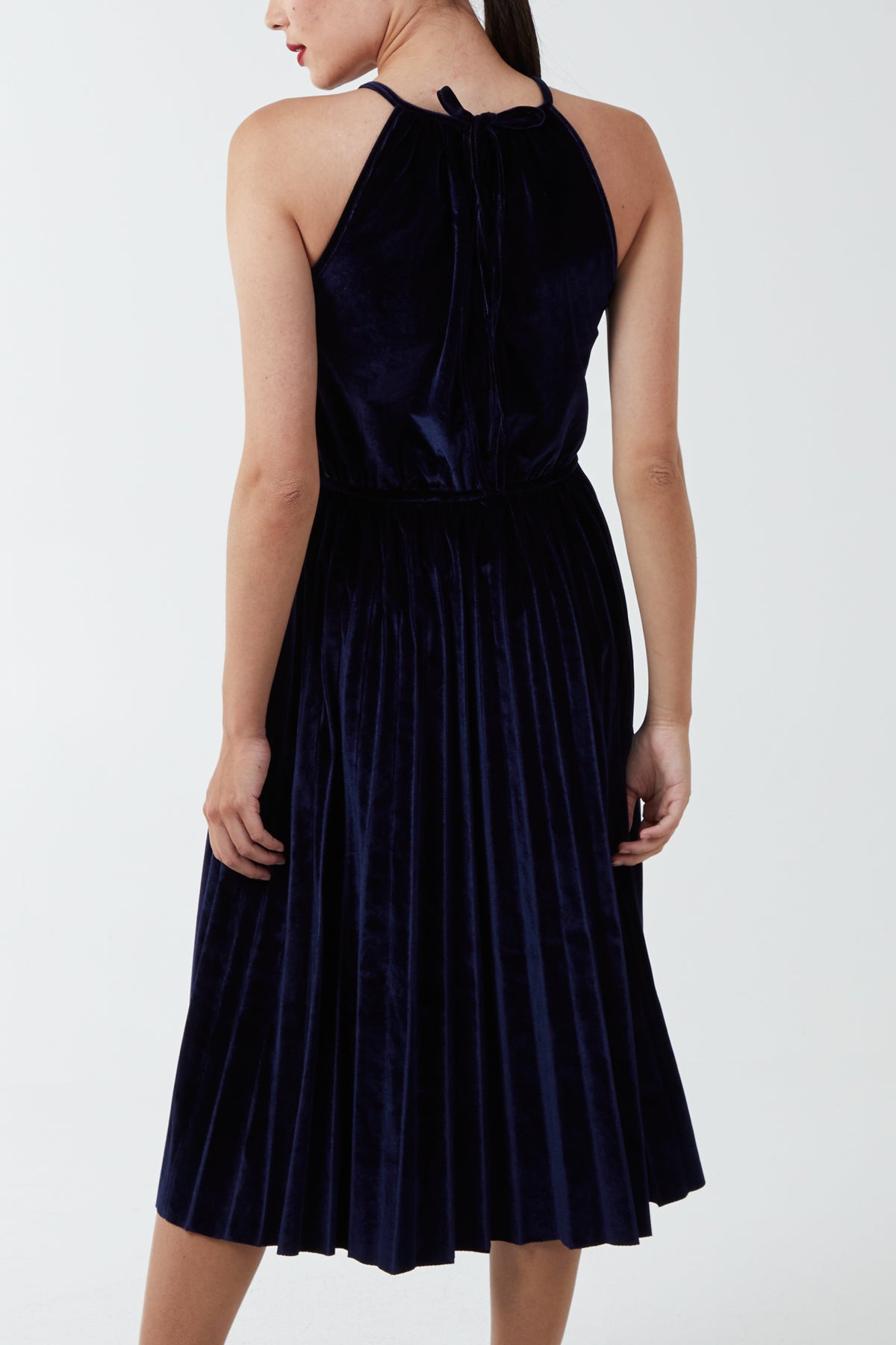 Halterneck Pleated Velvet Midi Dress