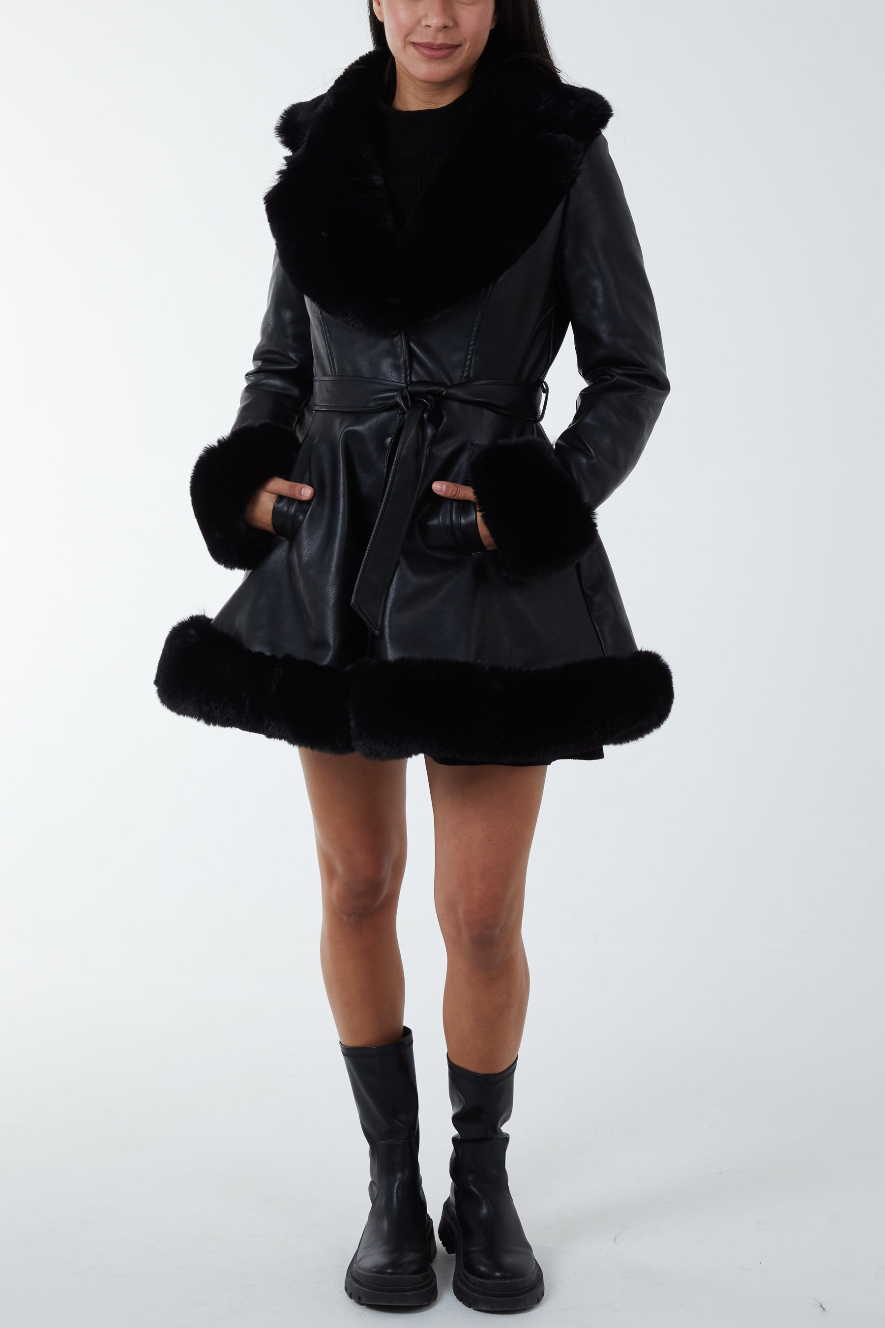 Fur Trimmed Belted Leather Skater Skirt Coat