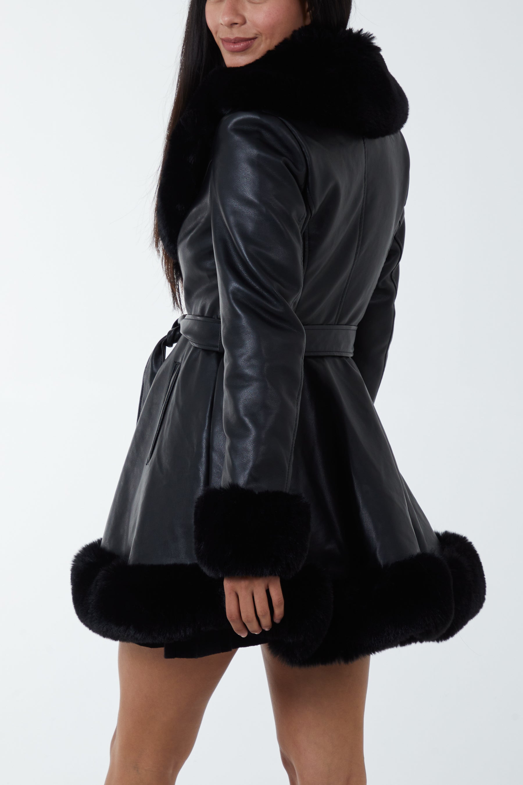 Fur Trimmed Belted Leather Skater Skirt Coat