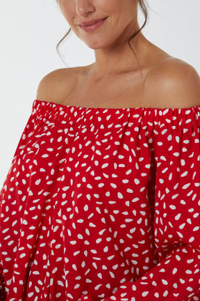 Abstract Dot Off Shoulder Balloon Sleeve Knot Top