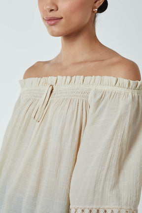 Shirred Bardot Tie Tassel Top