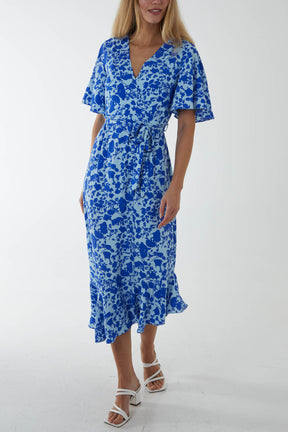 Bold Floral Angel Sleeve Wrap Ruffle Midi Dress