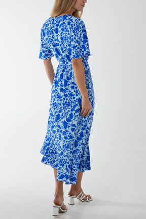 Bold Floral Angel Sleeve Wrap Ruffle Midi Dress