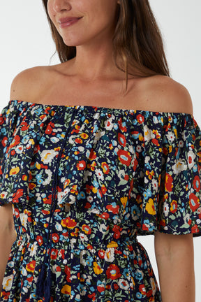 Bardot Ruffle Bright Floral Midi Dress