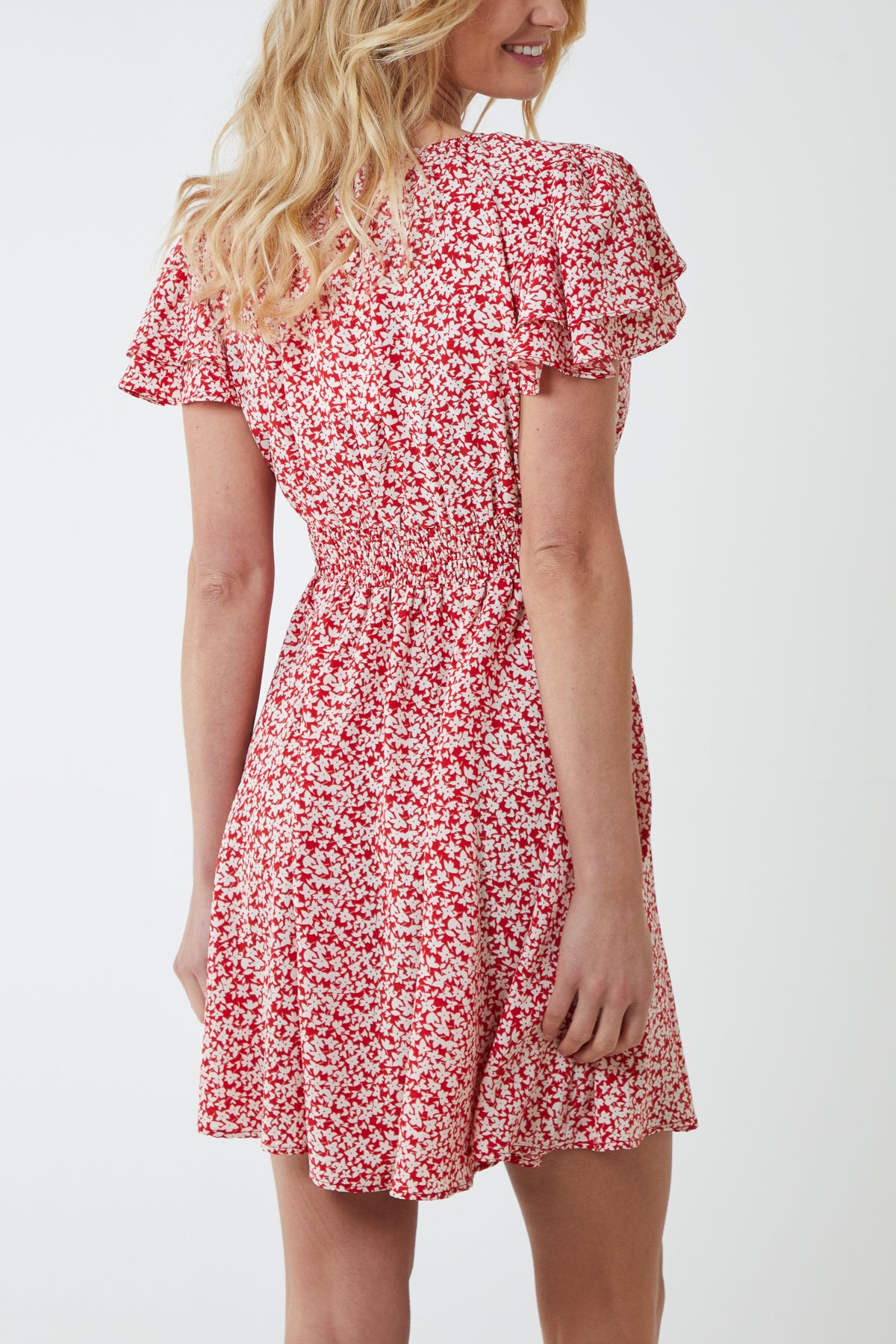 Double Ruffle Ditsy Floral Shirred Mini Dress