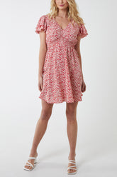 Double Ruffle Ditsy Floral Shirred Mini Dress