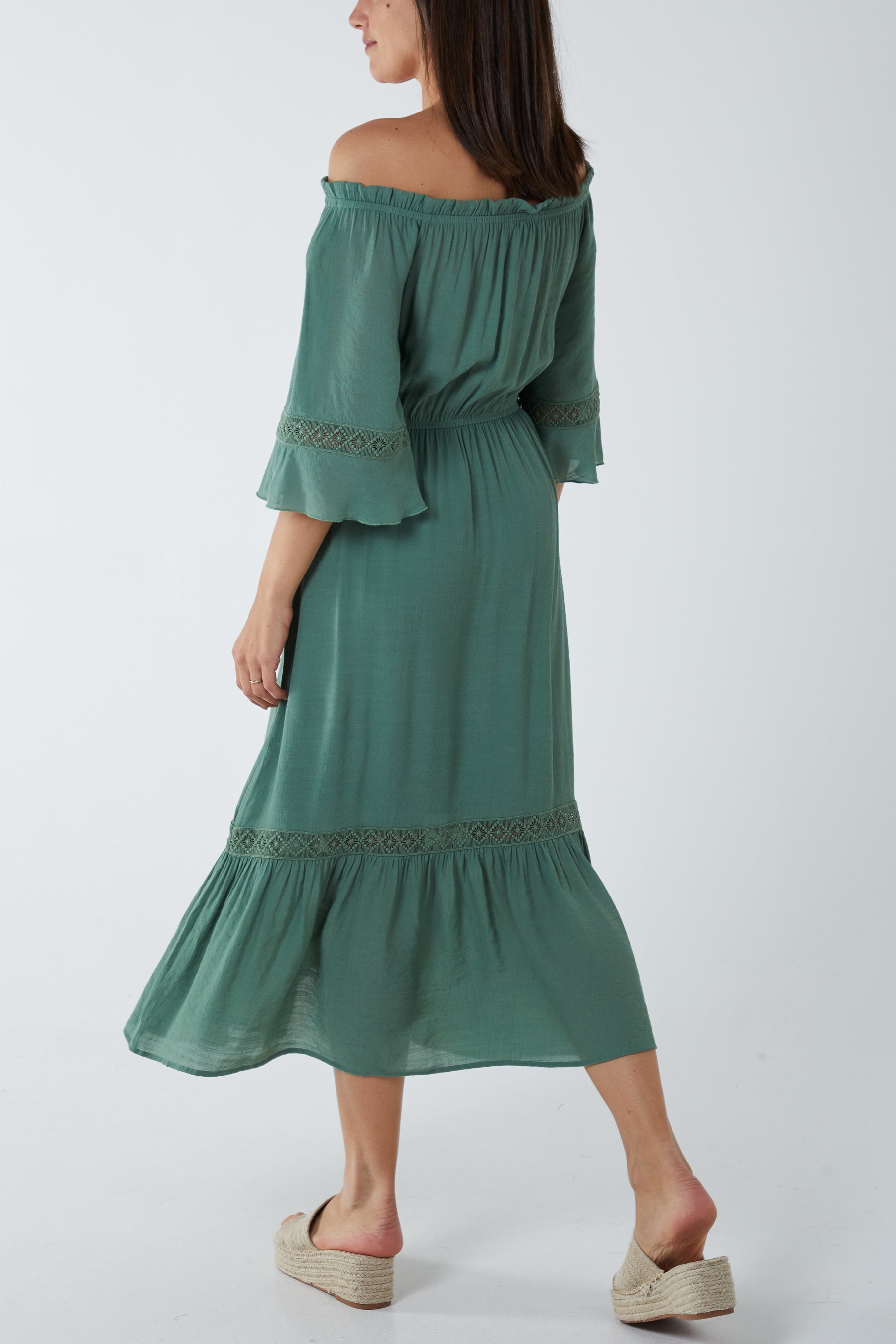 Shirred Bardot Lace Detail Maxi Dress