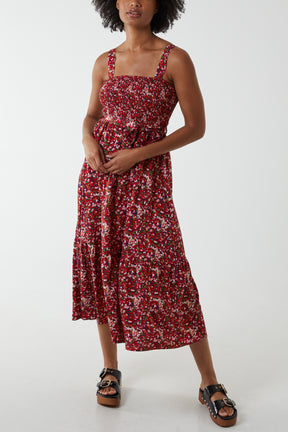 Shirred Bust Strappy Floral Midi Dress