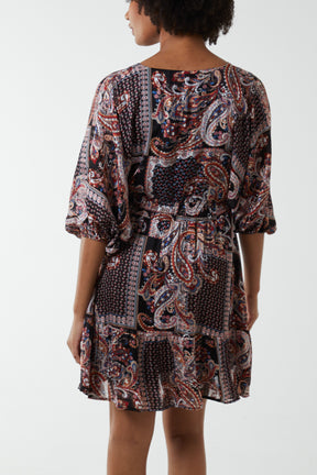 Paisley Wrap Front Kimono Sleeve Mini Dress
