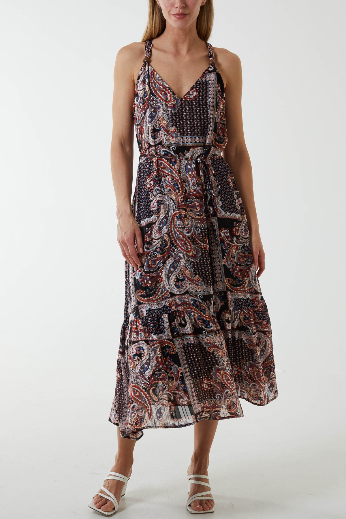Paisley Wooden Bead Strappy Midi Dress