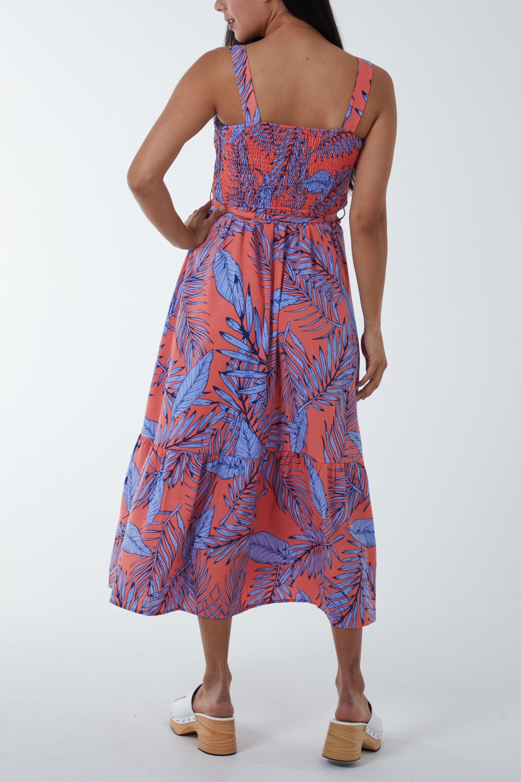 Palm Leaves Belted Midi Dress