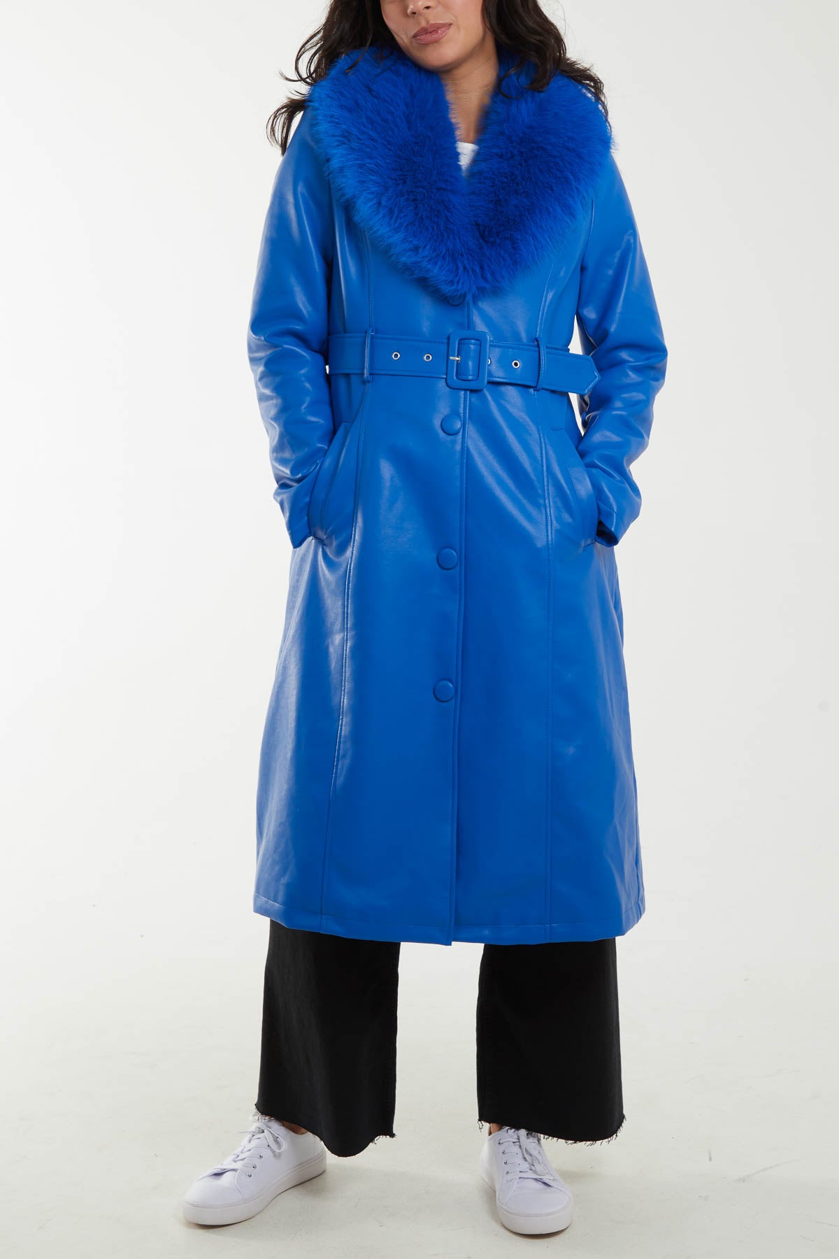 Longline Leather Look Fur Belted Coat