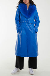 Longline Leather Look Fur Belted Coat