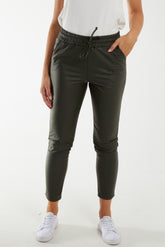 Elastic Tie Waist Leather Look Trousers