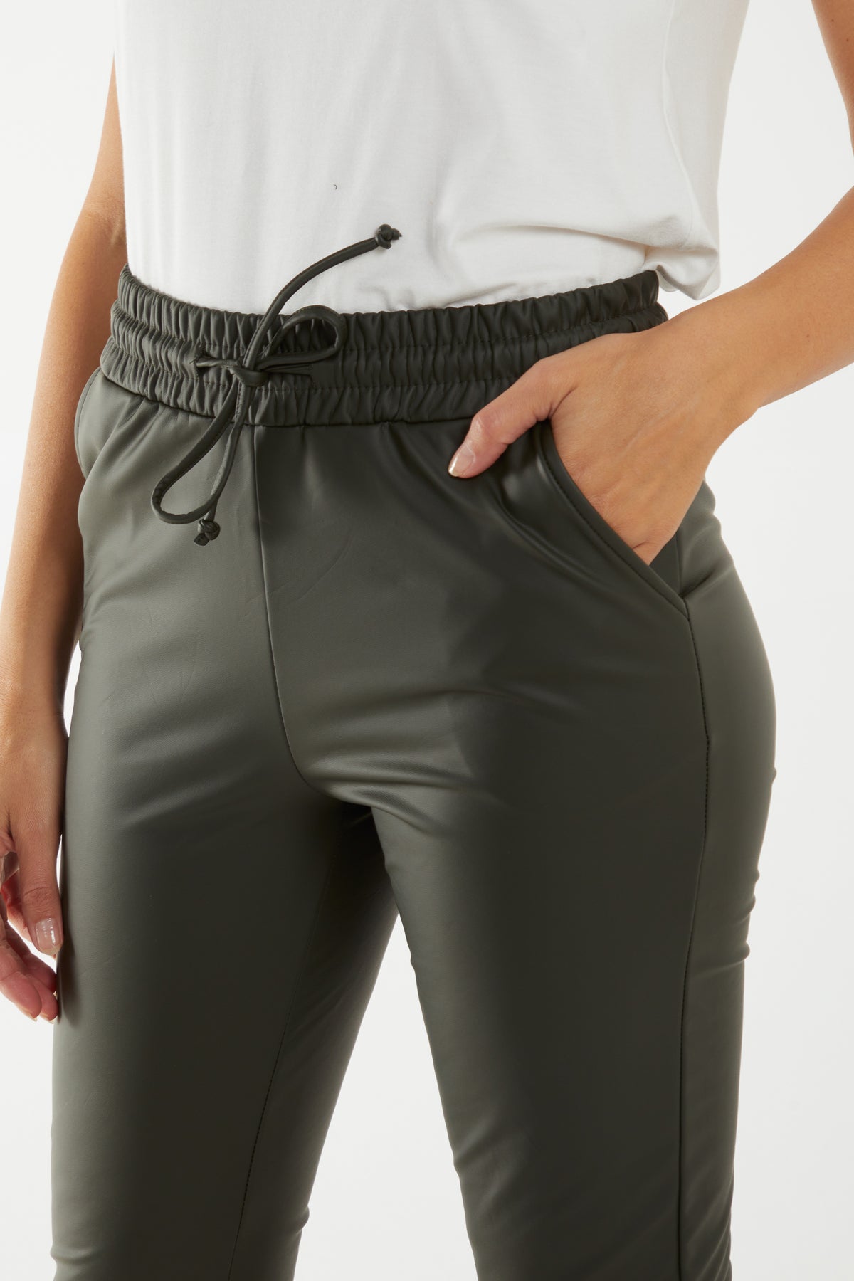 Elastic Tie Waist Leather Look Trousers