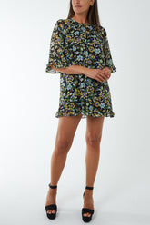 Sheer Floral Raglan Sleeve Tunic Mini Dress