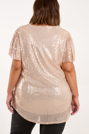 Curve Angel Sleeve V-Neck Sequin Top