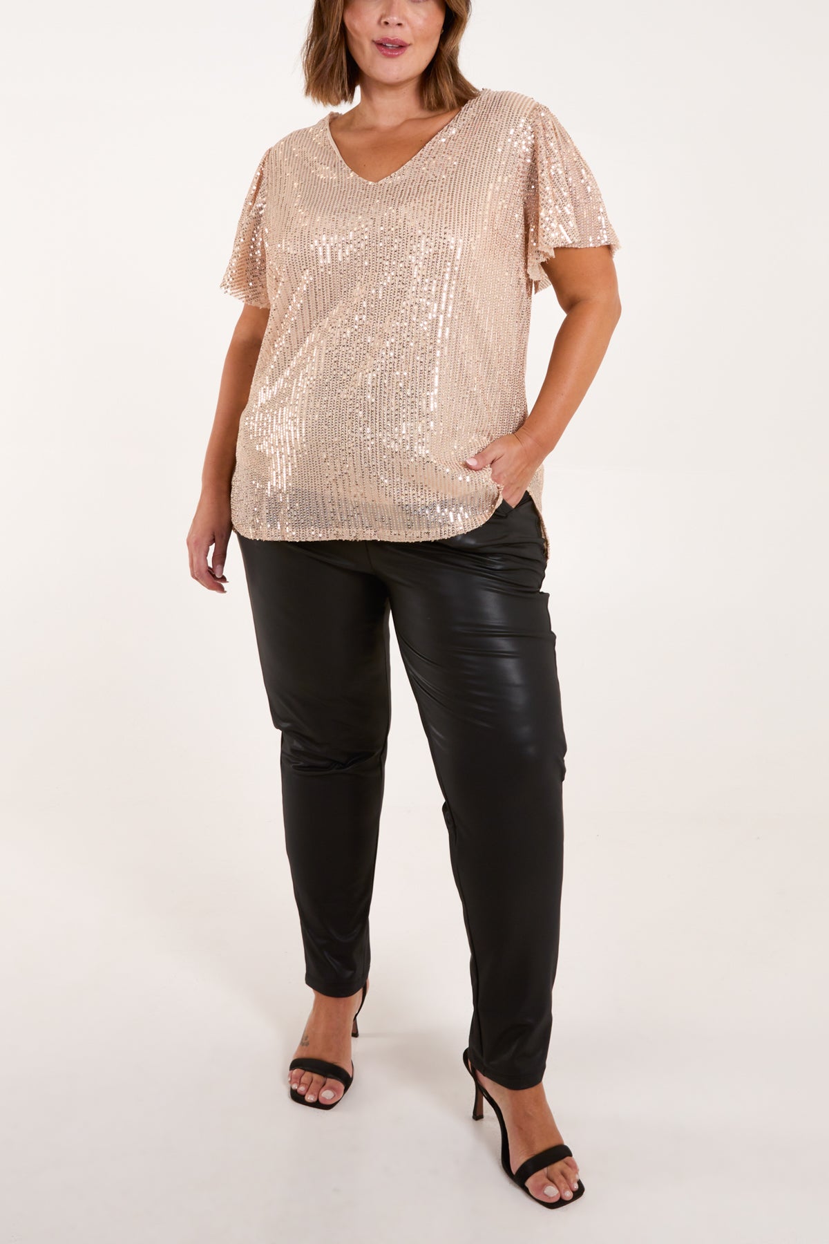 Curve Angel Sleeve V-Neck Sequin Top