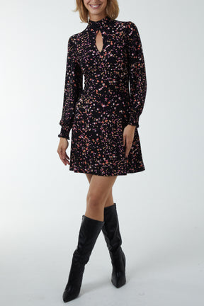 Ditsy Floral High Neck Keyhole Mini Stretch Dress