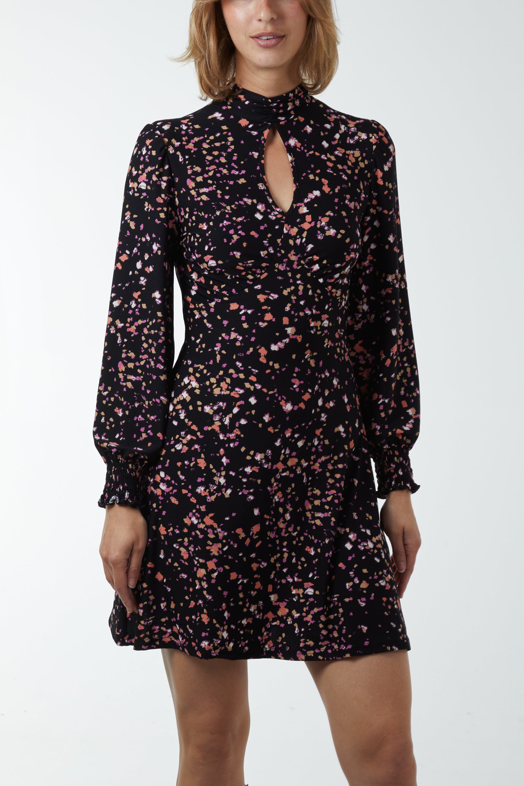 Ditsy Floral High Neck Keyhole Mini Stretch Dress