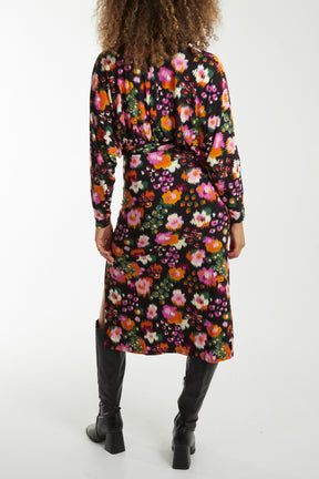 Abstract Floral Side Split Maxi Stretch Dress