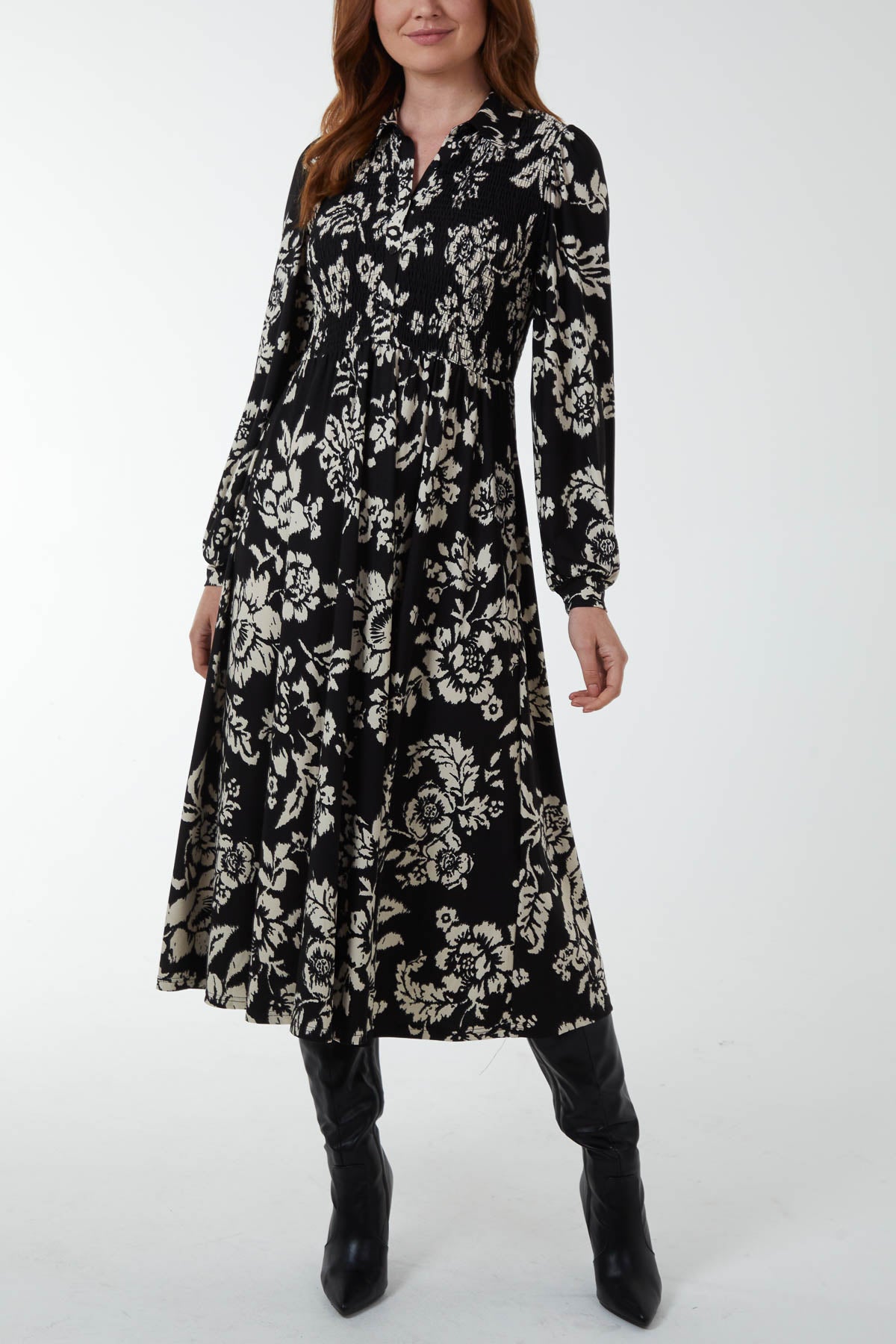 Shirred Bust Baroque Midi Shirt Dress