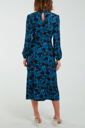 Cross-Over Neck Fit & Flare Floral Midi Stretch Dress