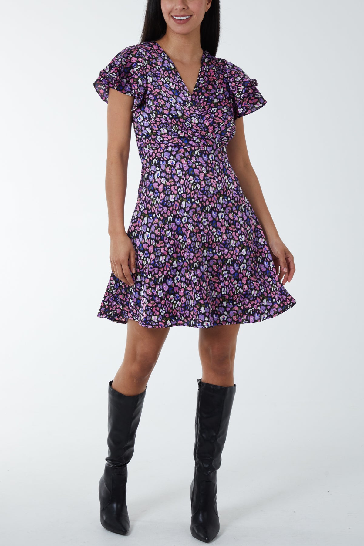 Ditsy Floral Wrap Ruffle Mini Dress