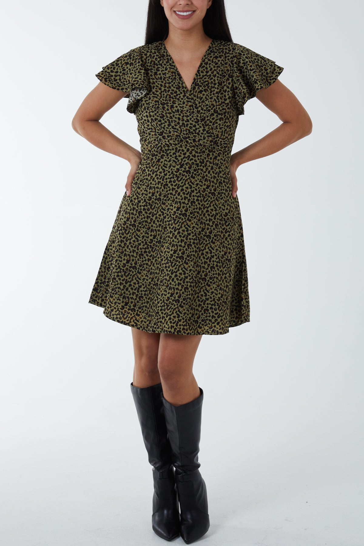 Animal Print Wrap Ruffle Sleeve Mini Dress