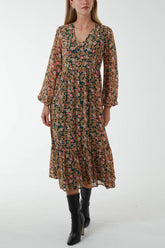 Leafy Floral Button Through Midi Dress