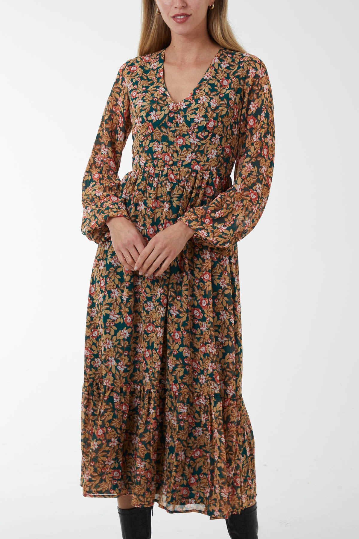 Leafy Floral Button Through Midi Dress